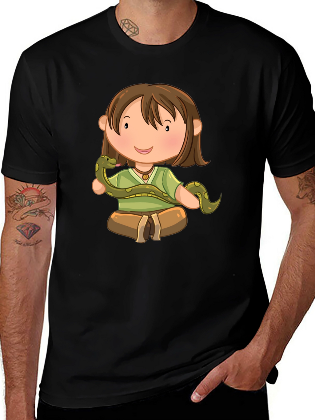 Cartoon Girl with Snake Black T-Shirt
