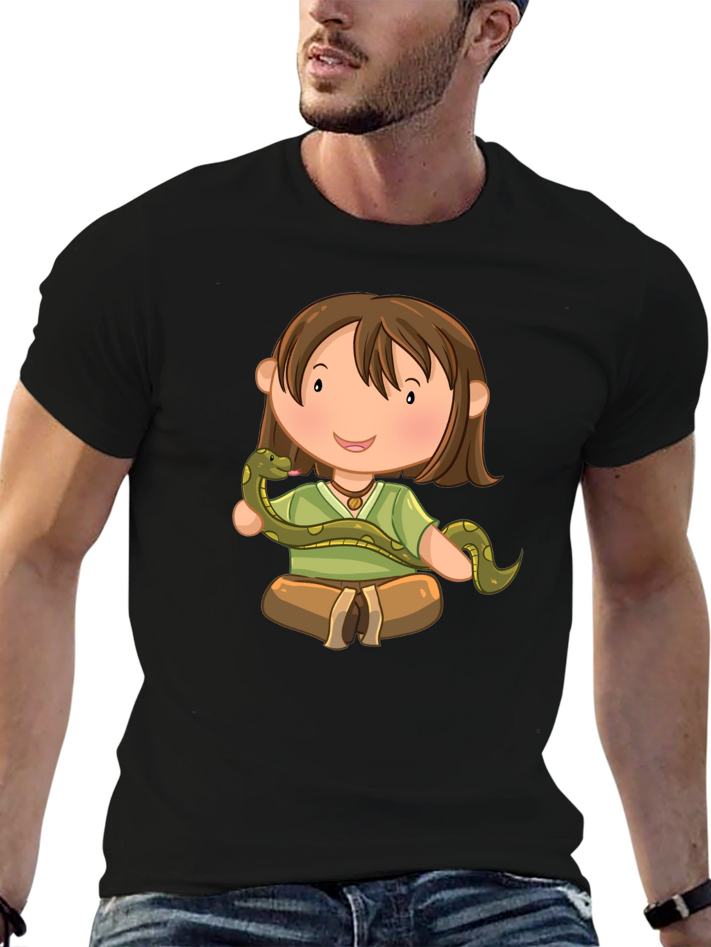 Cartoon Girl with Snake Black T-Shirt
