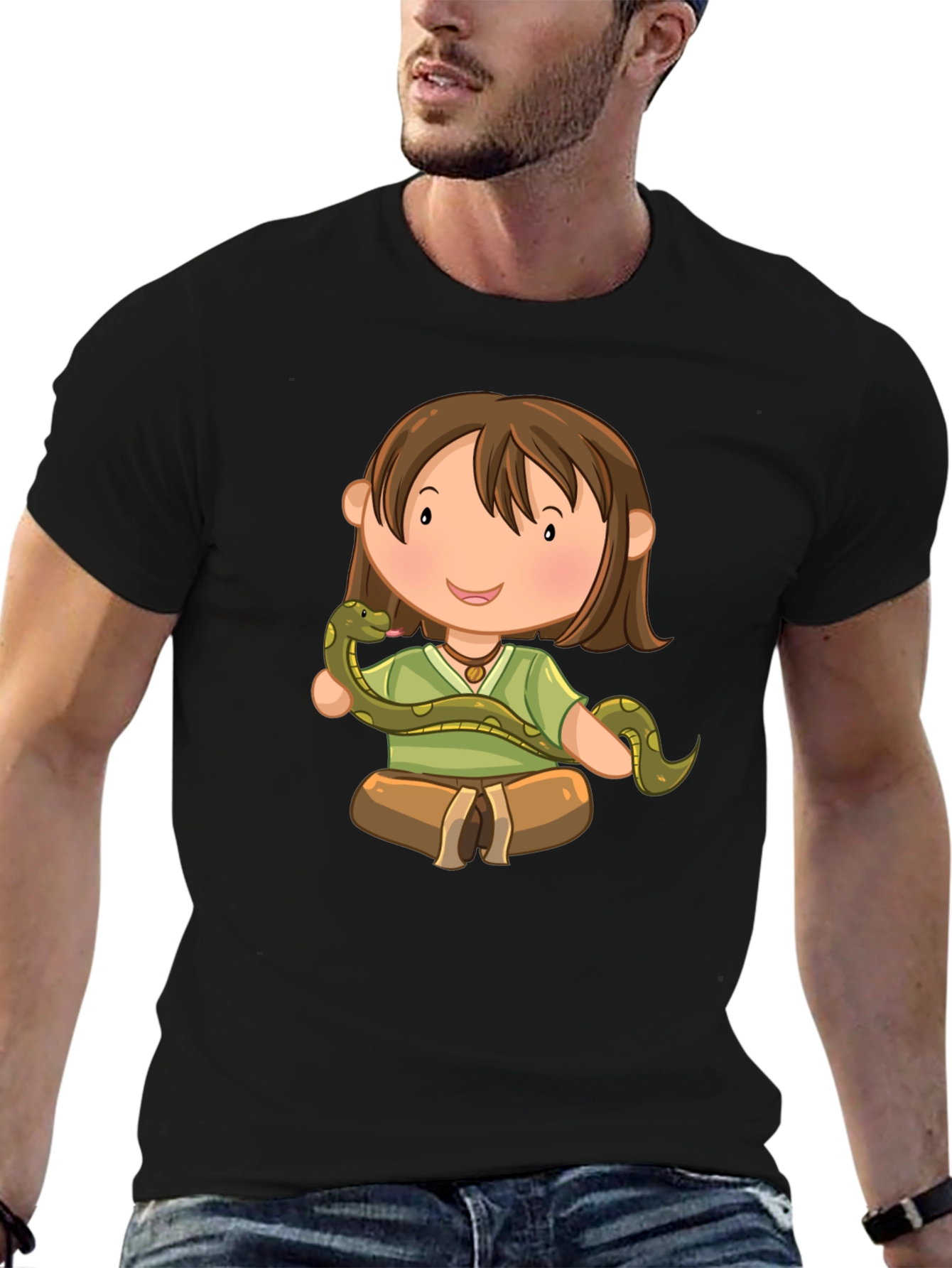 Cartoon Girl with Snake Black T-Shirt
