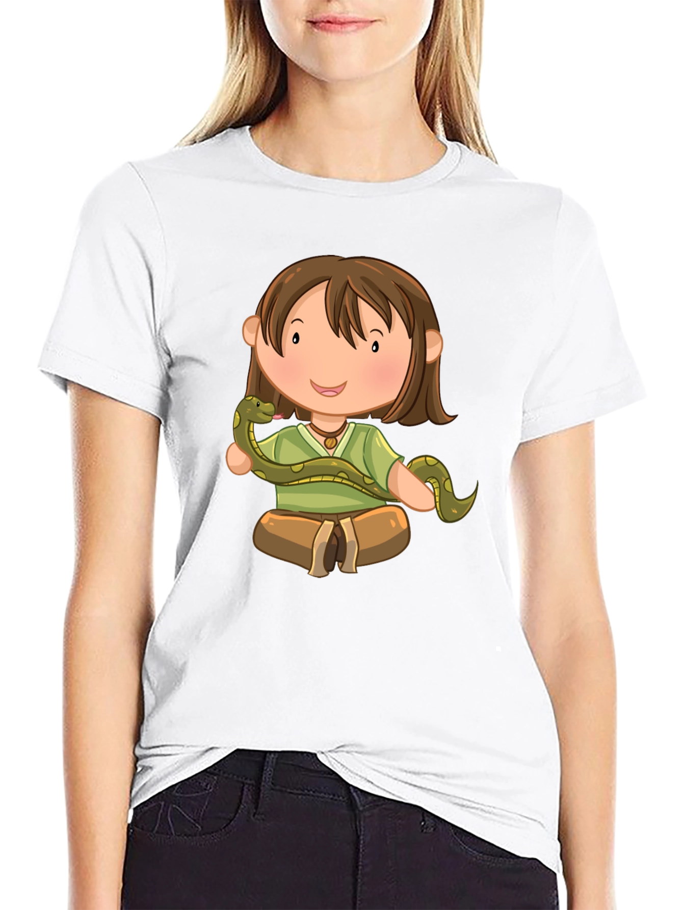 Cartoon Girl with Snake Black T-Shirt