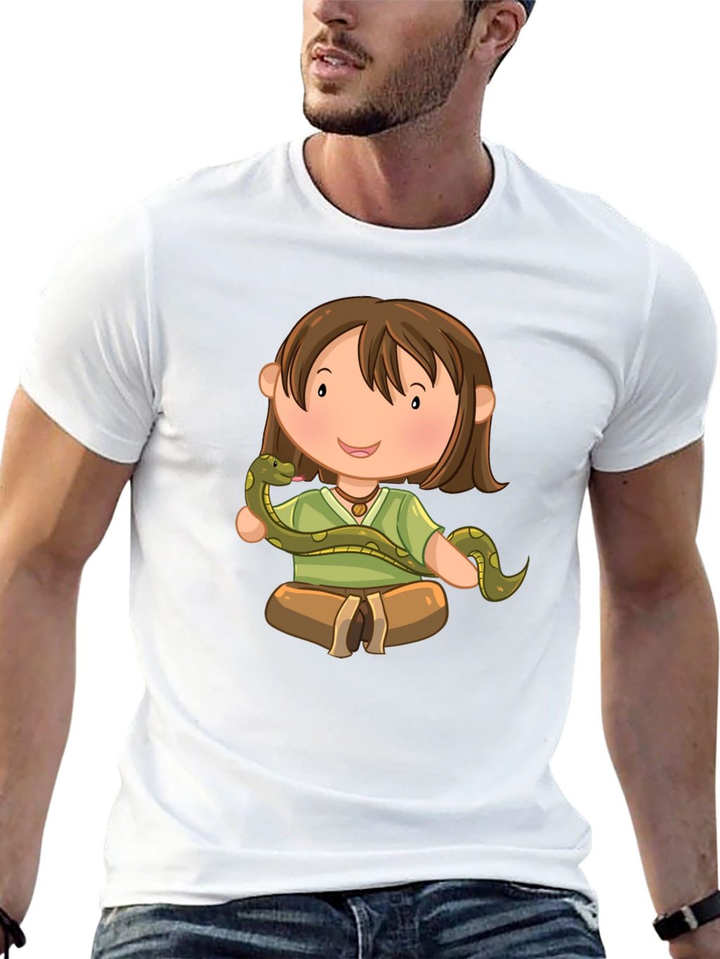 Cartoon Girl with Snake Black T-Shirt