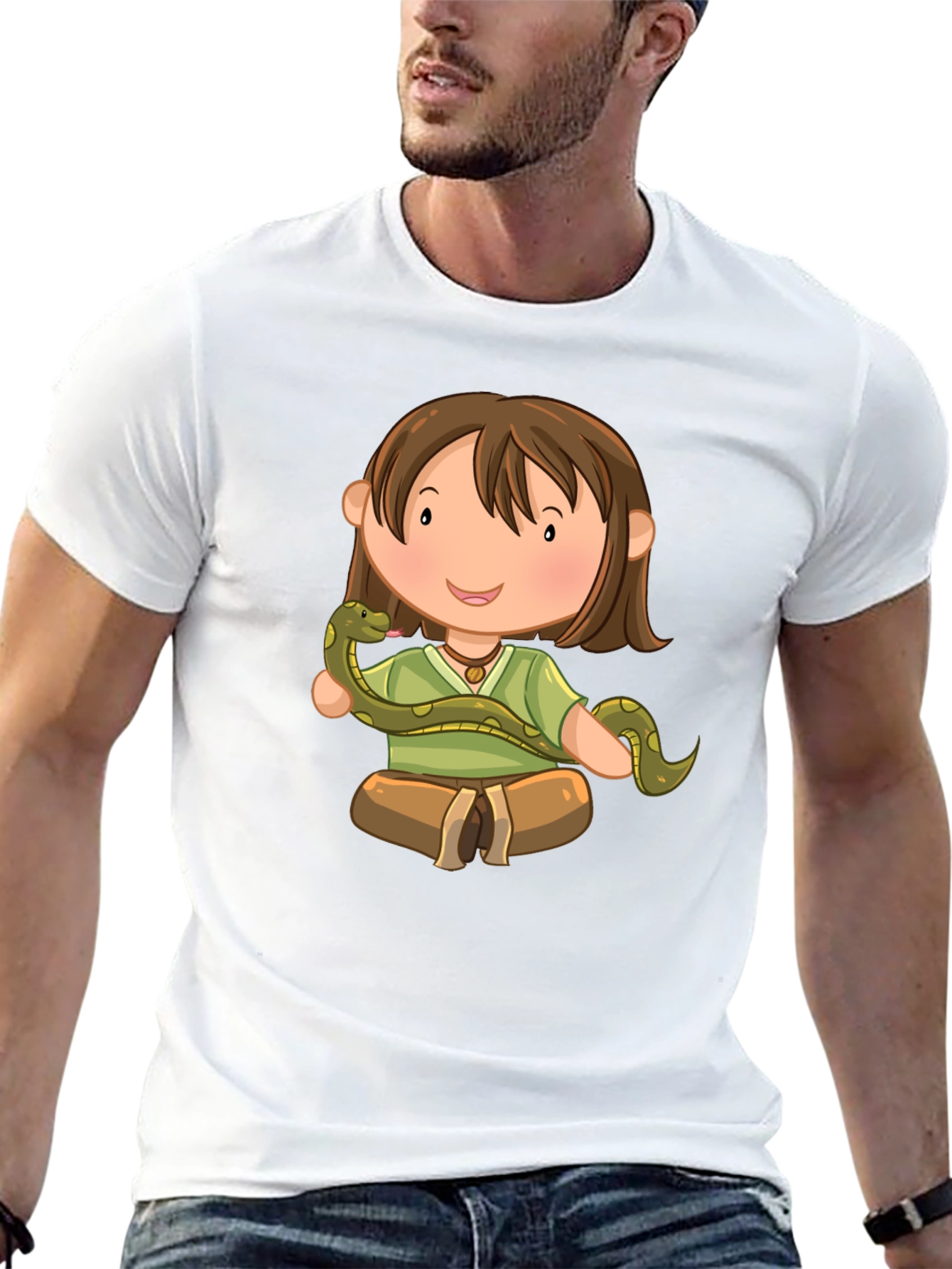 Cartoon Girl with Snake Black T-Shirt