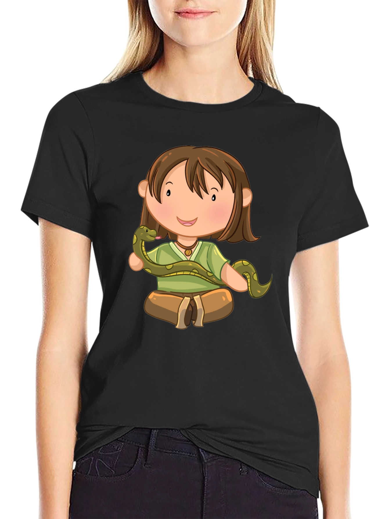 Cartoon Girl with Snake Black T-Shirt