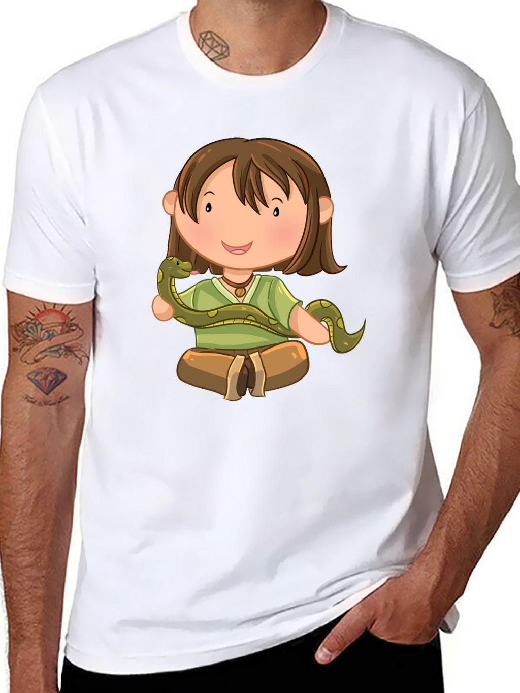 Cartoon Girl with Snake Black T-Shirt
