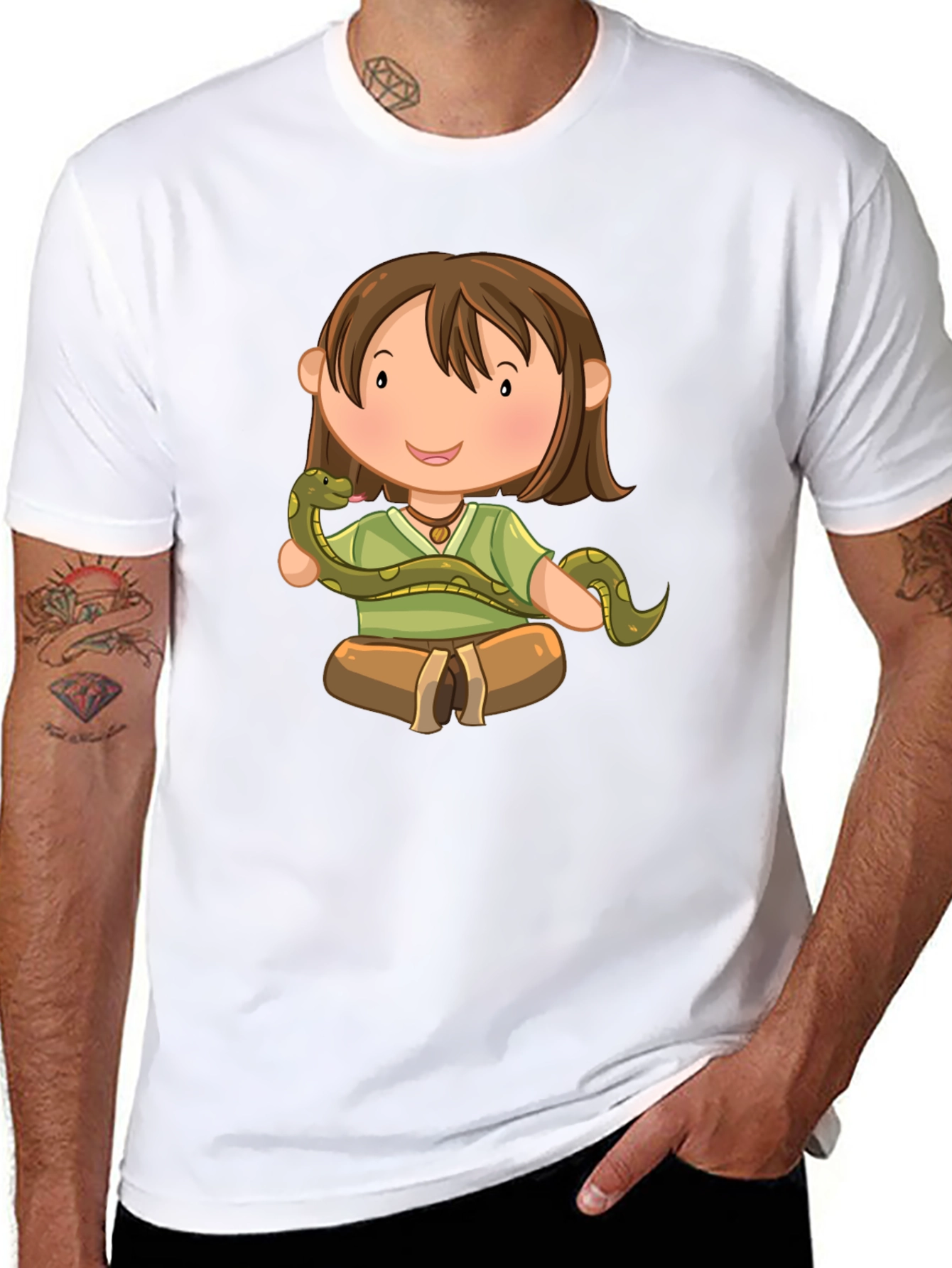 Cartoon Girl with Snake Black T-Shirt