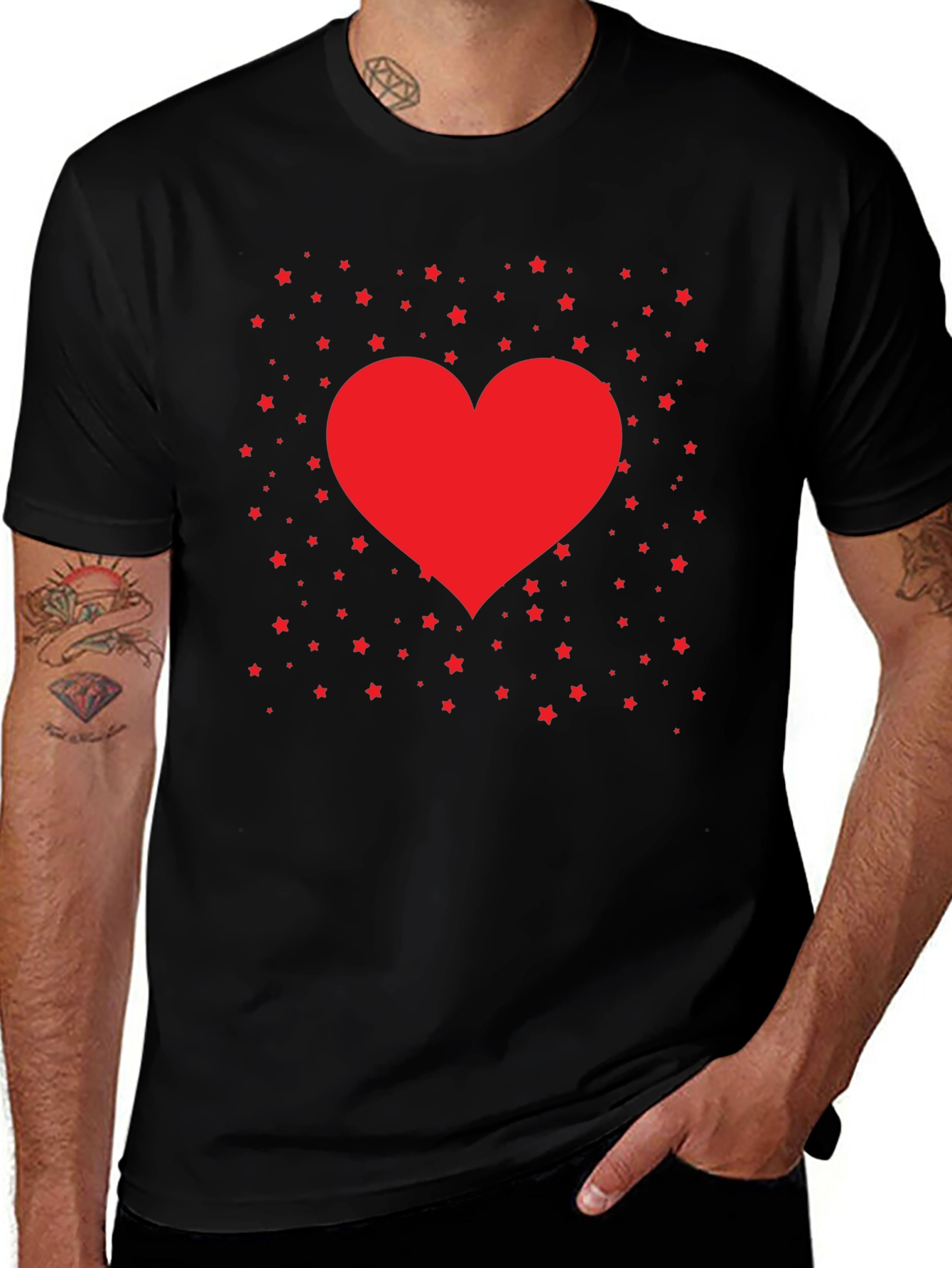 Heart and Stars Graphic Tee - Black Cotton Blend