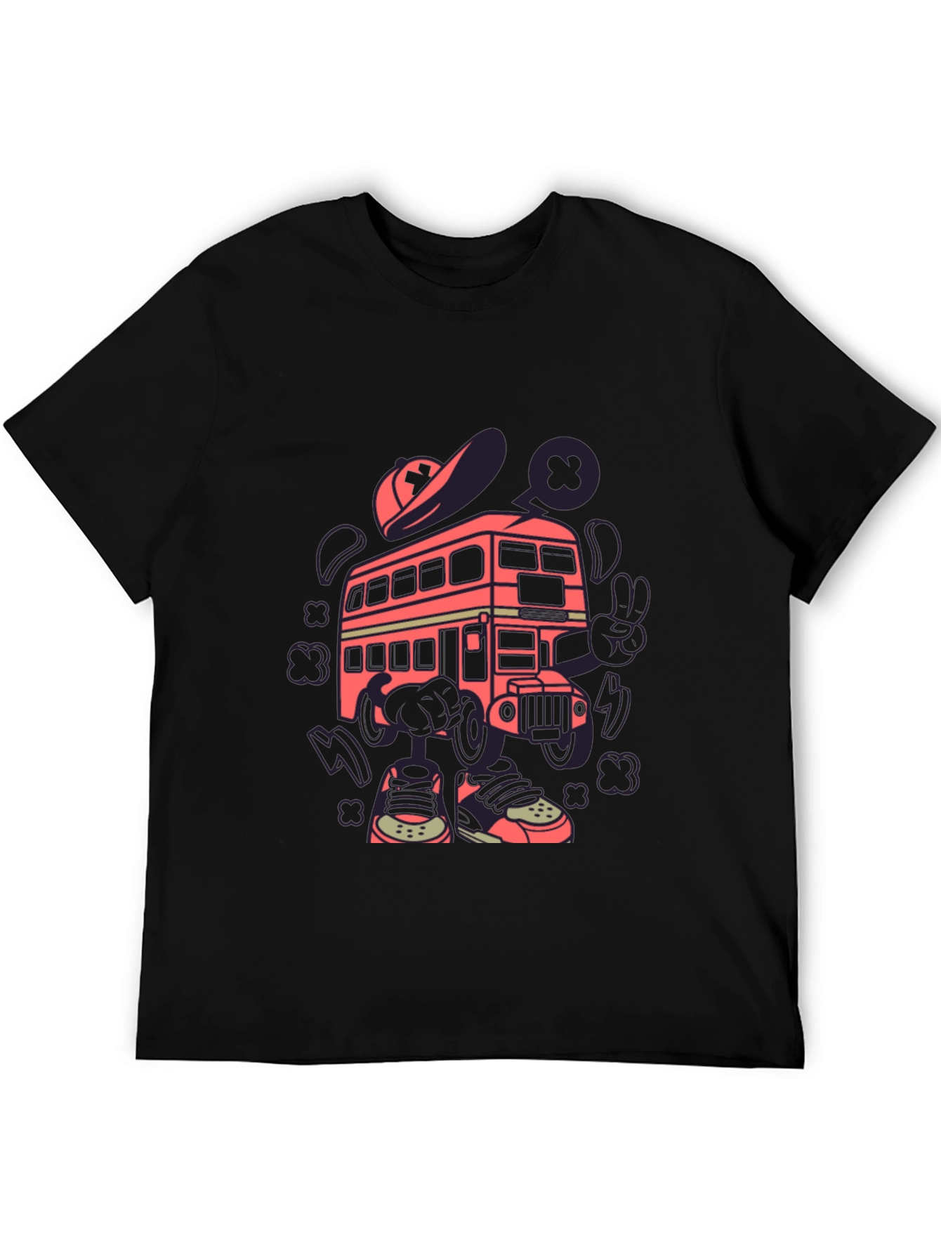 Cartoon Bus Graphic Tee - Quirky Black T-Shirt