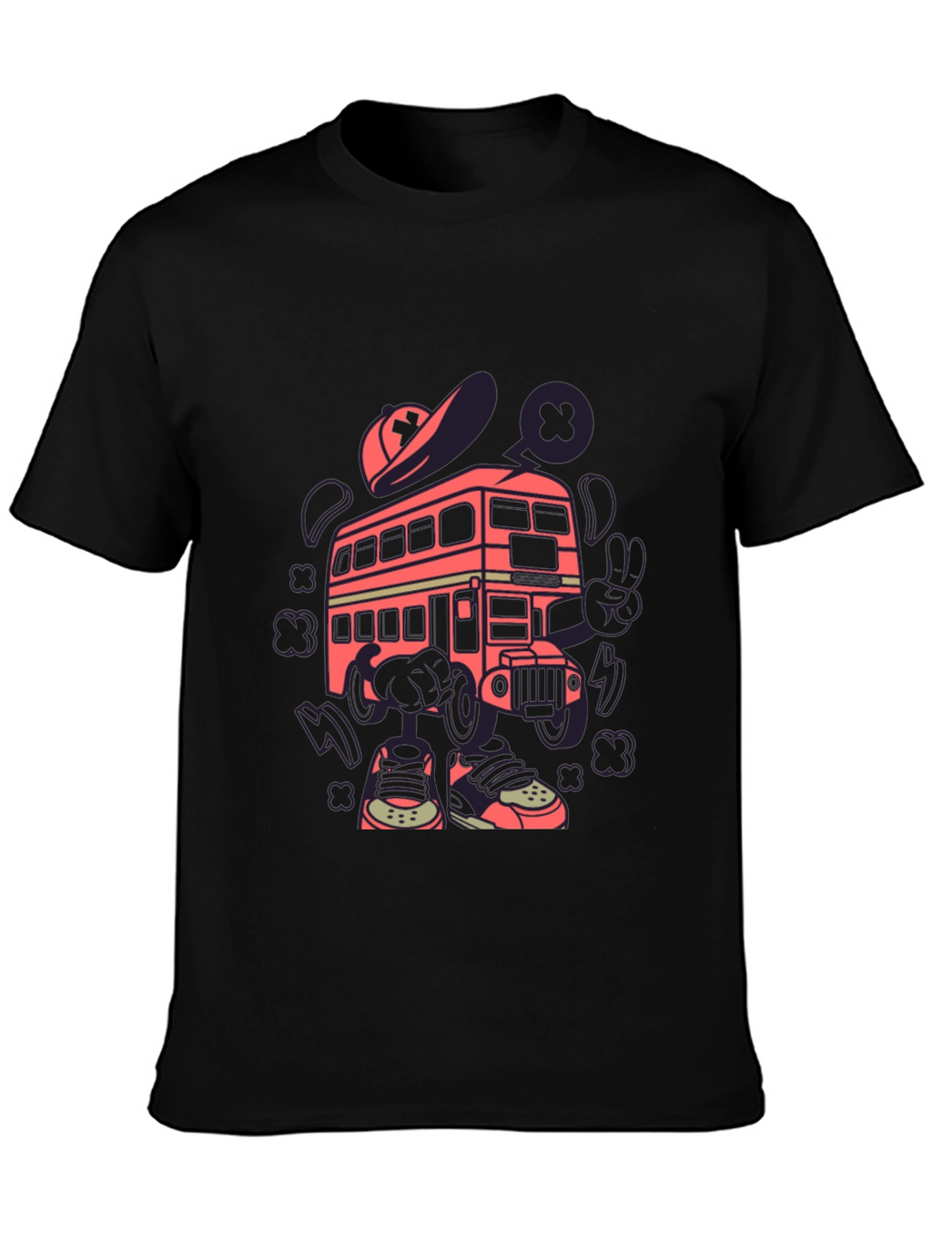 Cartoon Bus Graphic Tee - Quirky Black T-Shirt