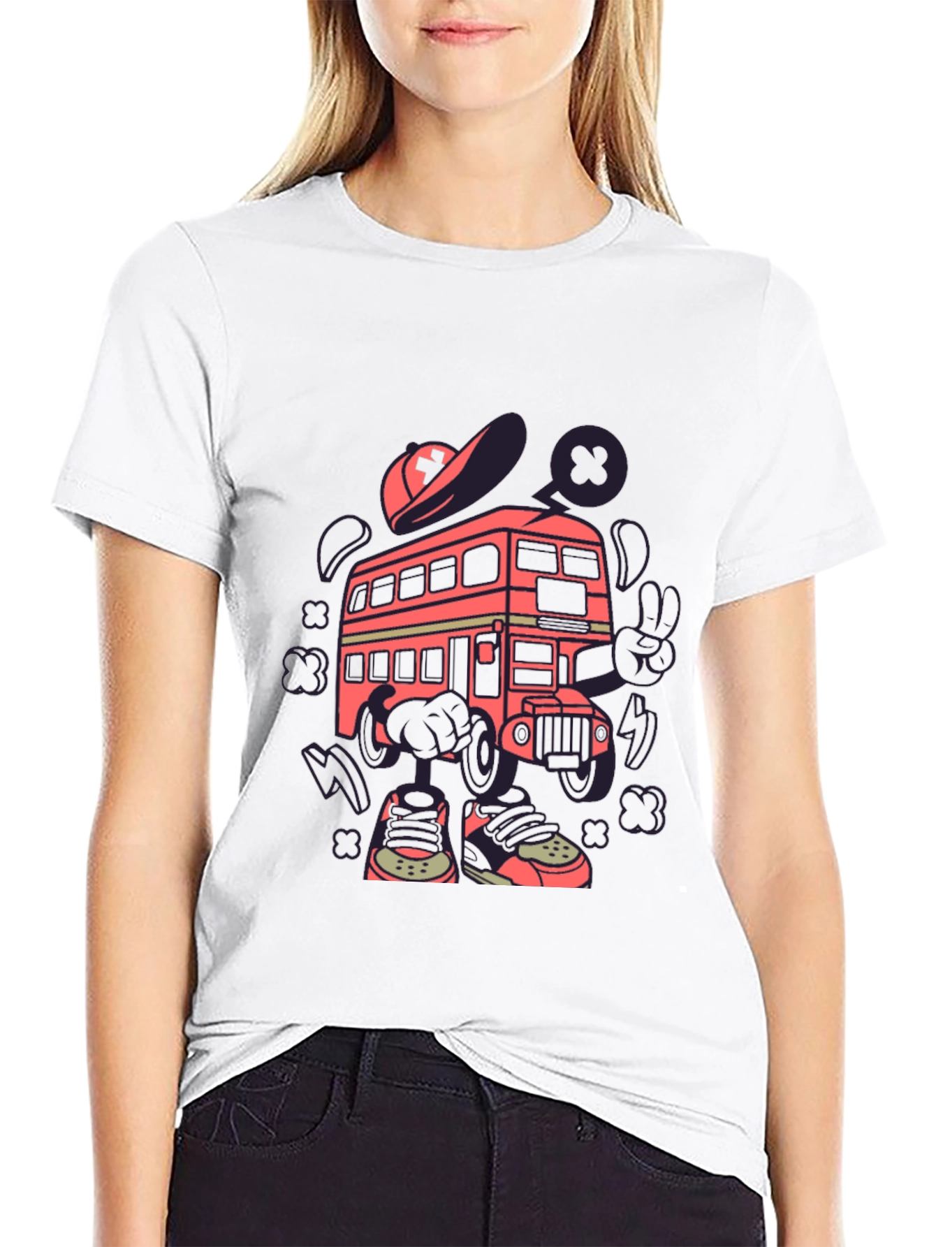 Cartoon Bus Graphic Tee - Quirky Black T-Shirt