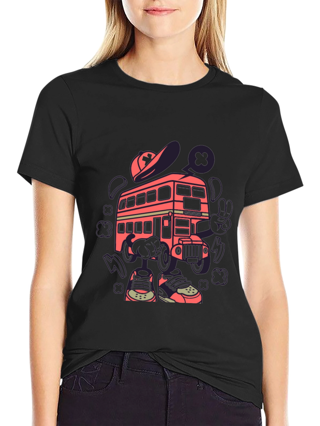Cartoon Bus Graphic Tee - Quirky Black T-Shirt