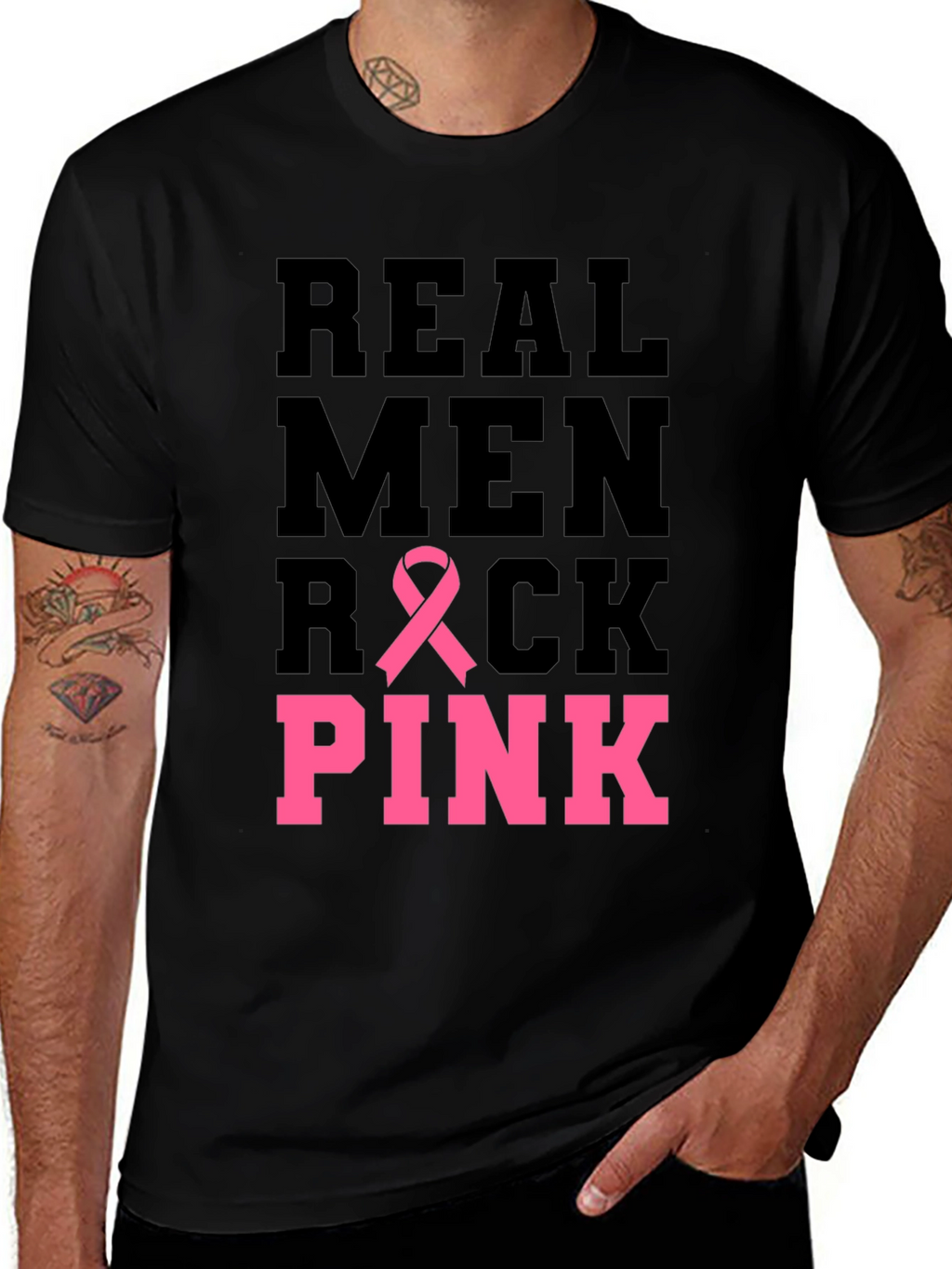 Real Men Rock Pink Breast Cancer Awareness T-Shirt
