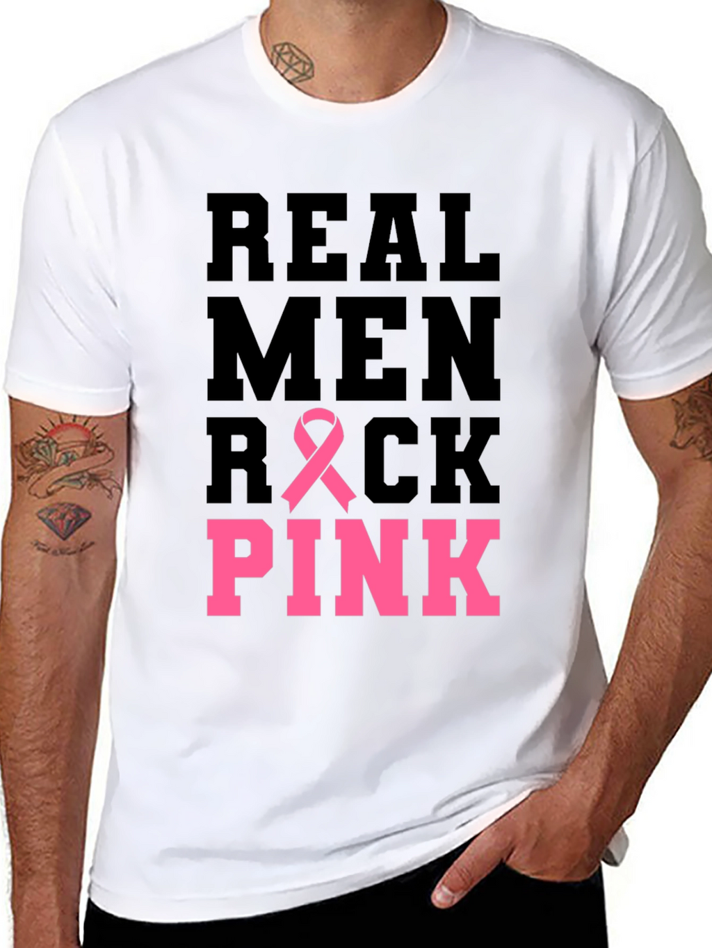Real Men Rock Pink Breast Cancer Awareness T-Shirt