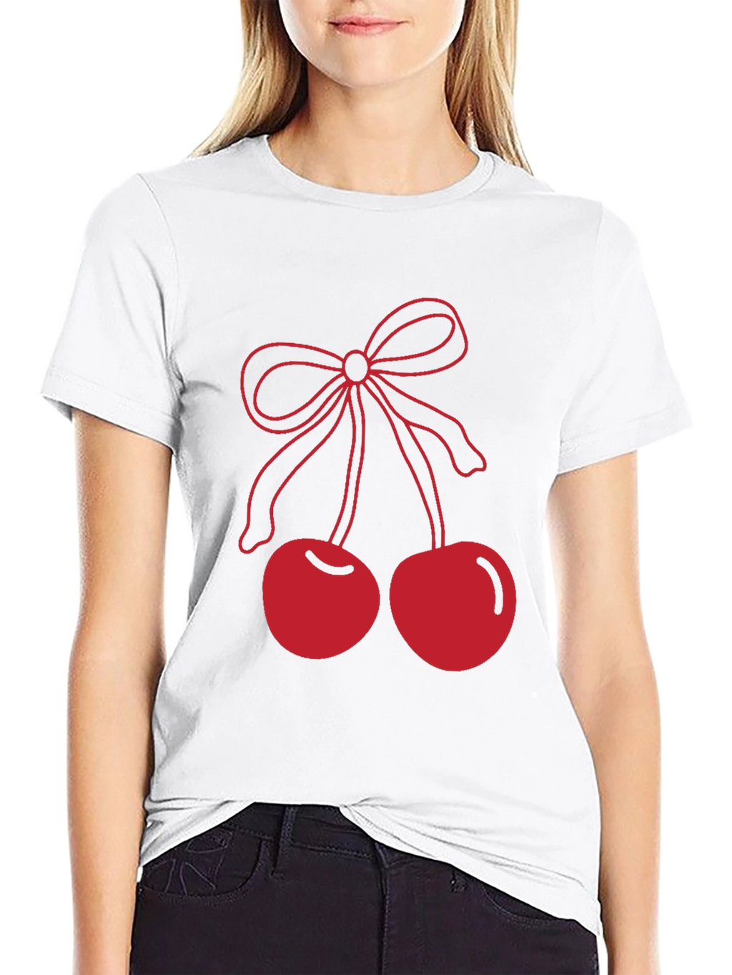 Red Cherry Bow Graphic Black T-Shirt