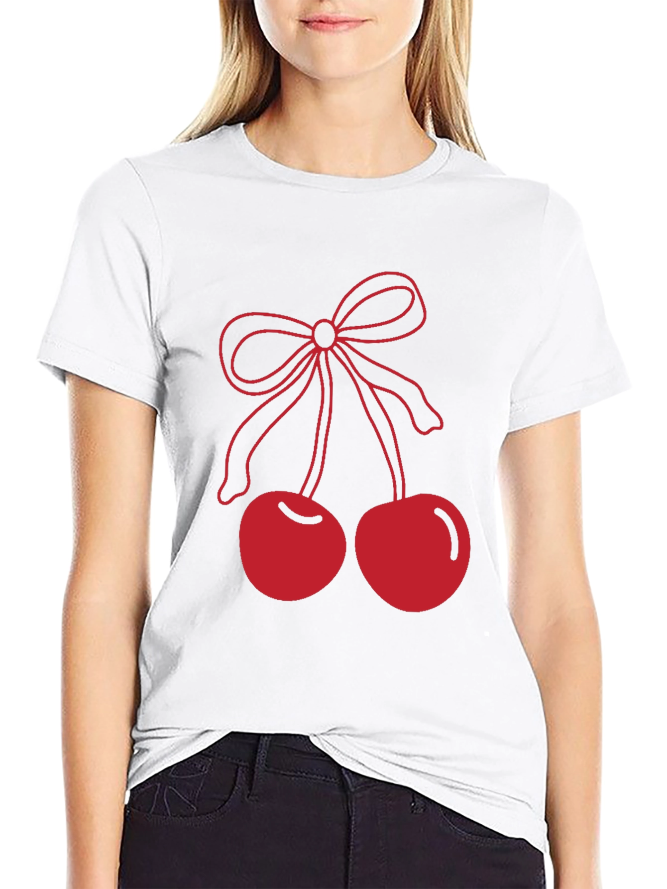 Red Cherry Bow Graphic Black T-Shirt