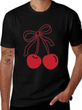 Red Cherry Bow Graphic Black T-Shirt