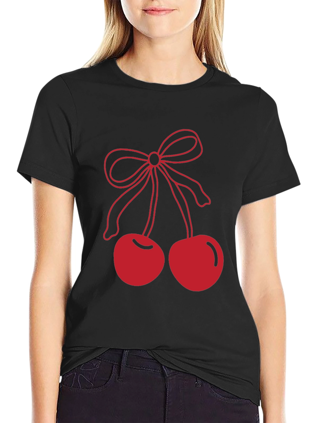 Red Cherry Bow Graphic Black T-Shirt