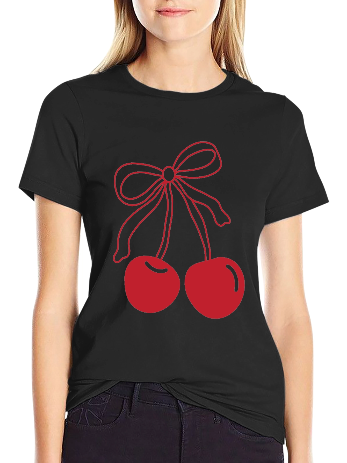 Red Cherry Bow Graphic Black T-Shirt