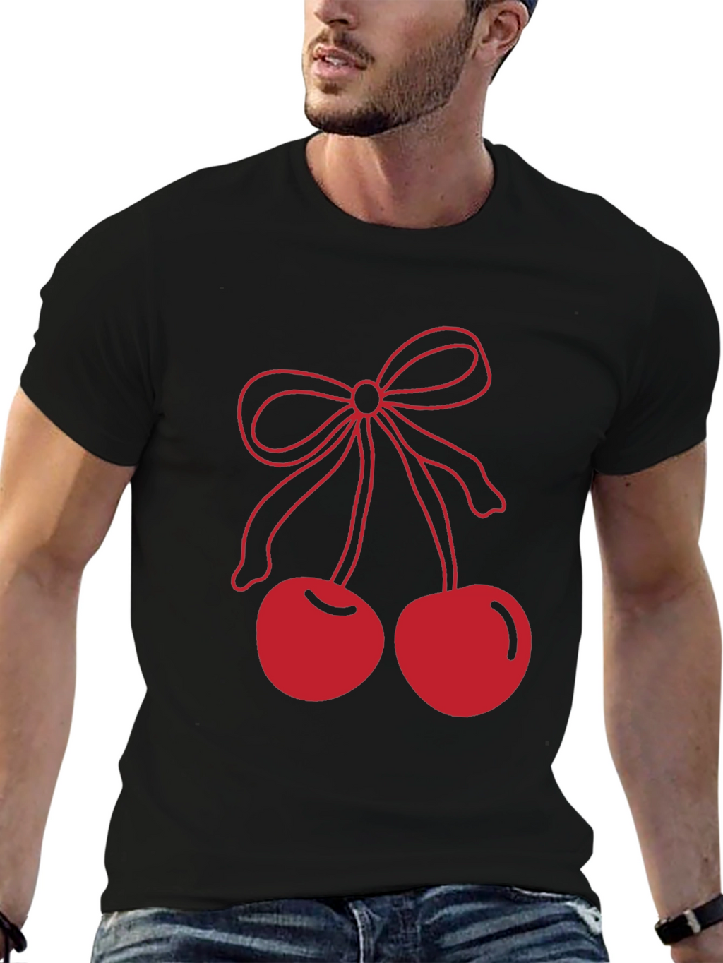 Red Cherry Bow Graphic Black T-Shirt