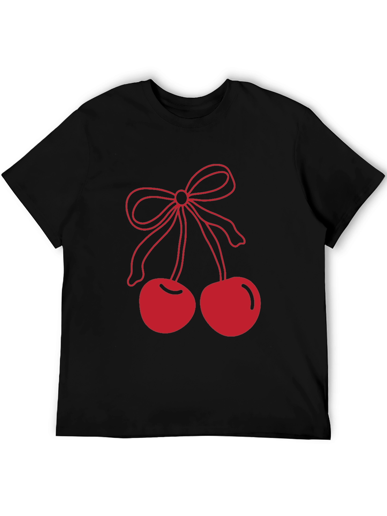 Red Cherry Bow Graphic Black T-Shirt