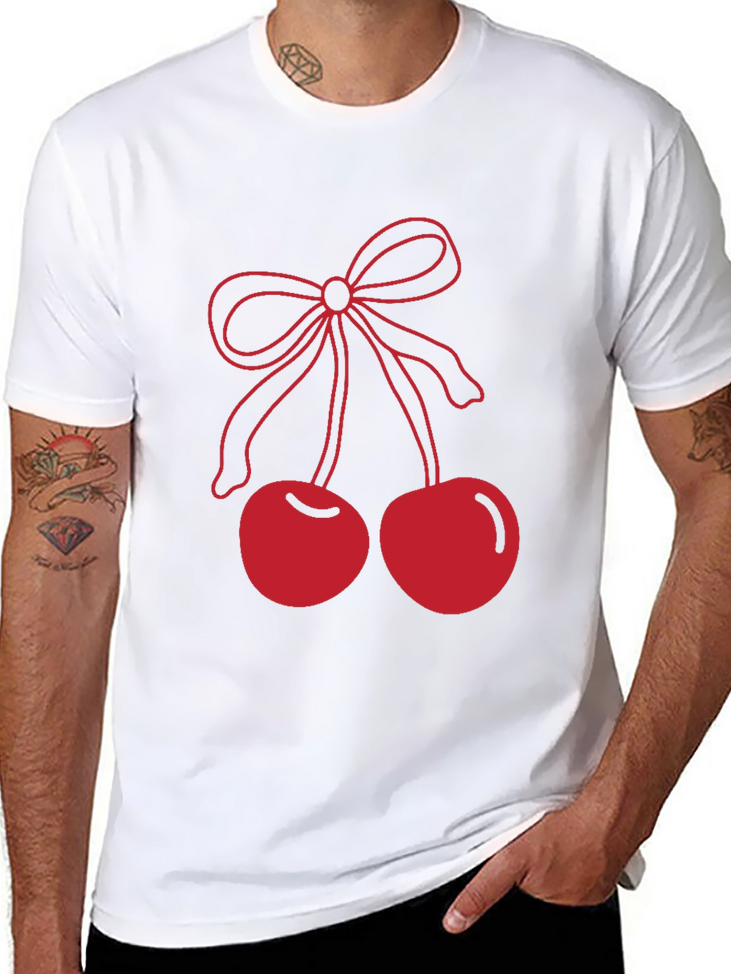 Red Cherry Bow Graphic Black T-Shirt