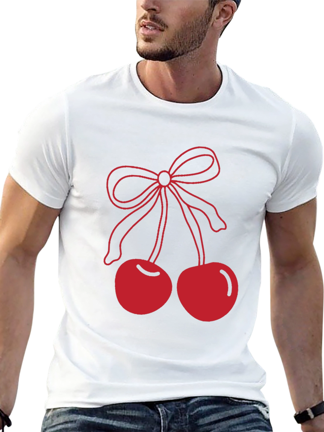 Red Cherry Bow Graphic Black T-Shirt