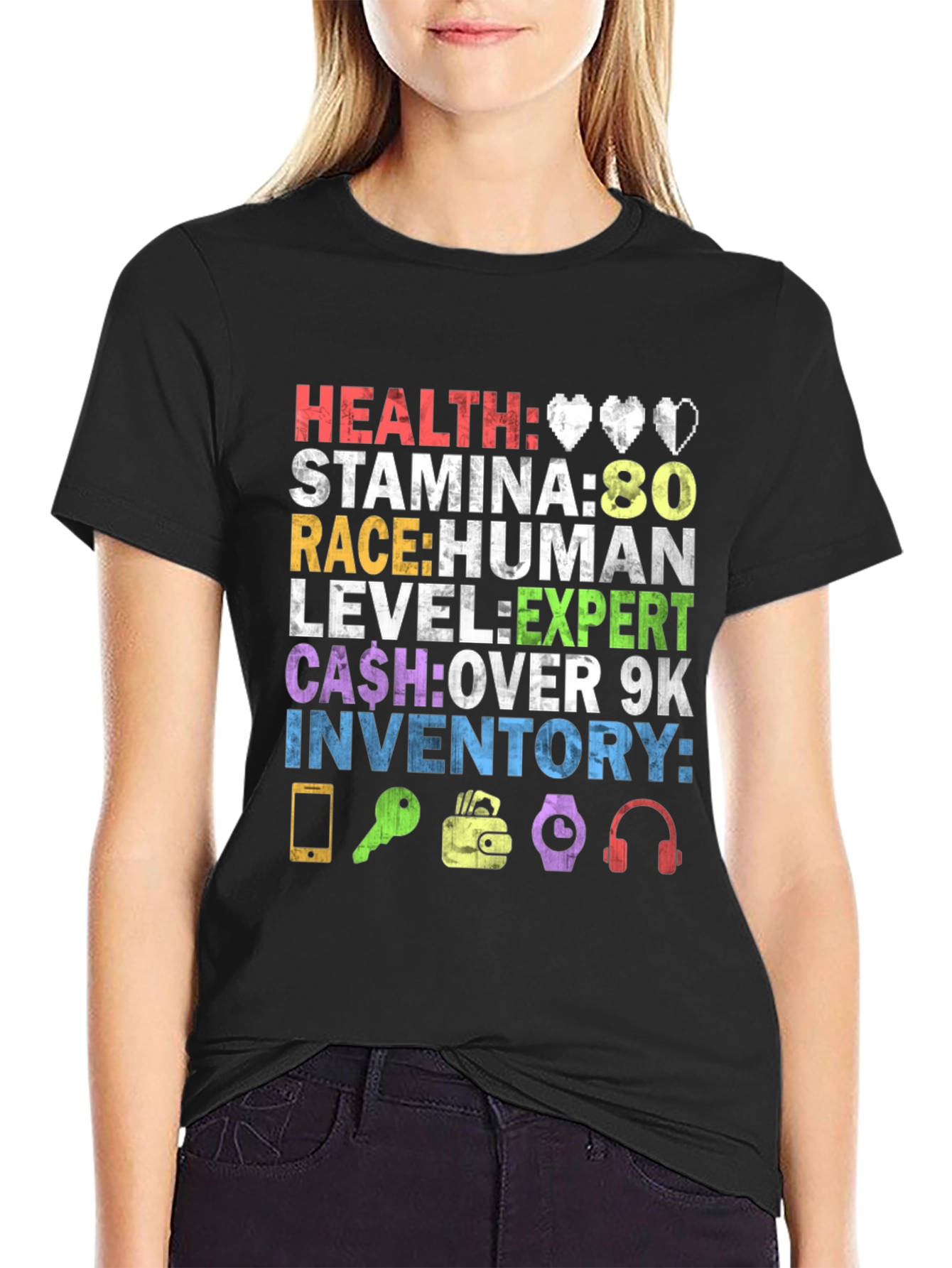Gamer Stats T-Shirt: Health Stamina Race Level Cash & Inventory
