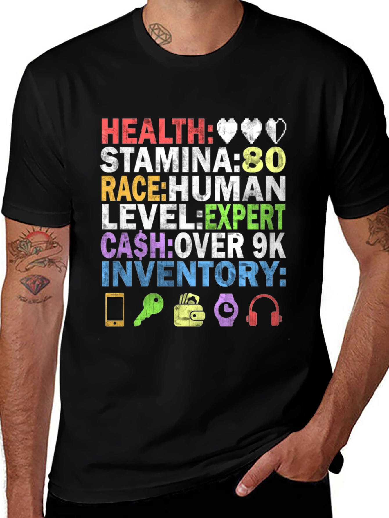 Gamer Stats T-Shirt: Health Stamina Race Level Cash & Inventory