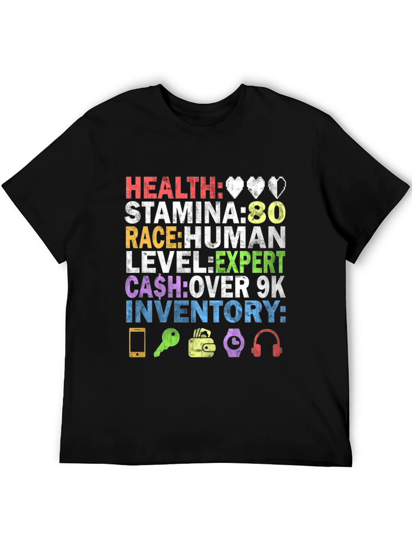 Gamer Stats T-Shirt: Health Stamina Race Level Cash & Inventory