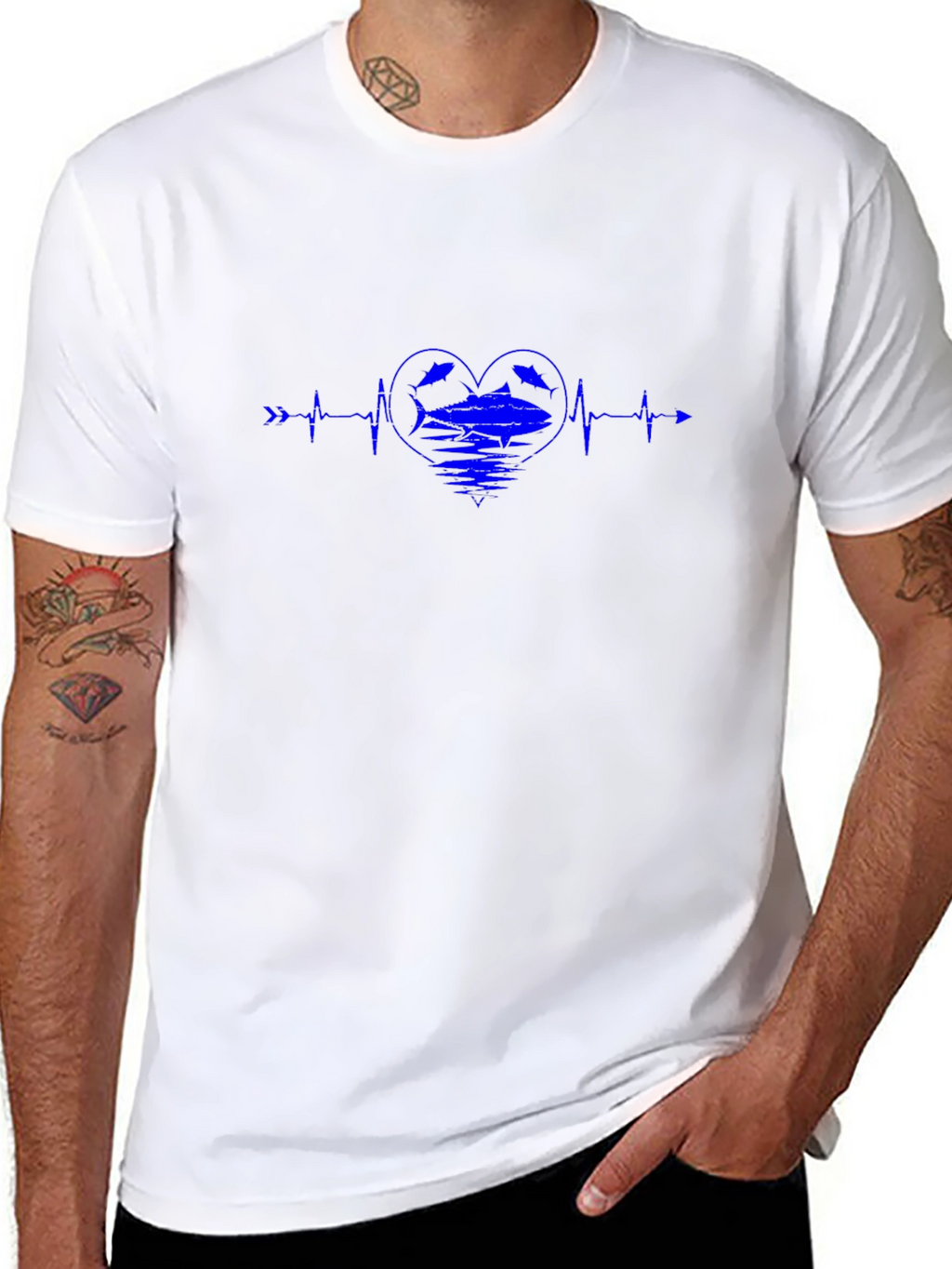 Blue Heartbeat Fish Graphic Black T-Shirt