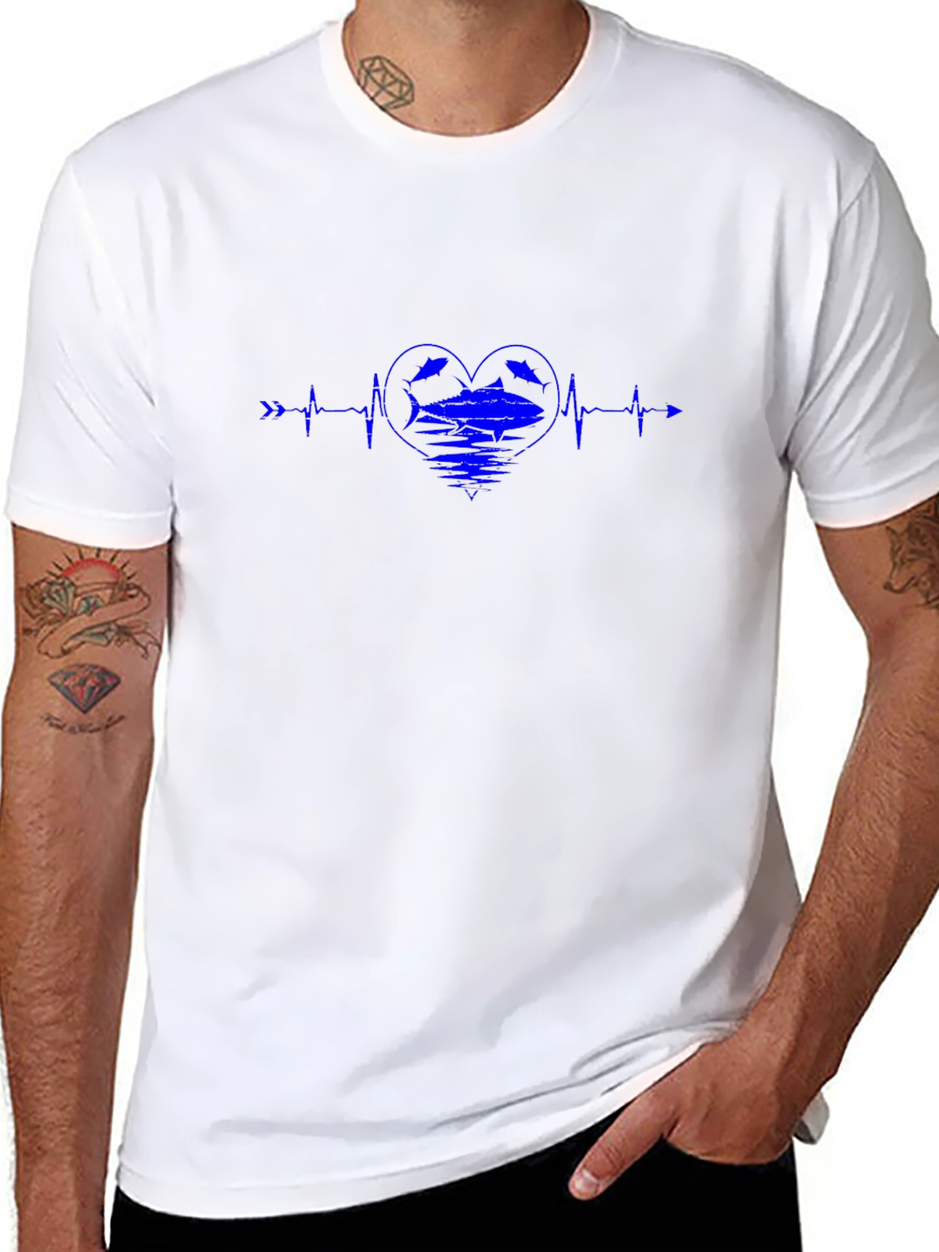 Blue Heartbeat Fish Graphic Black T-Shirt