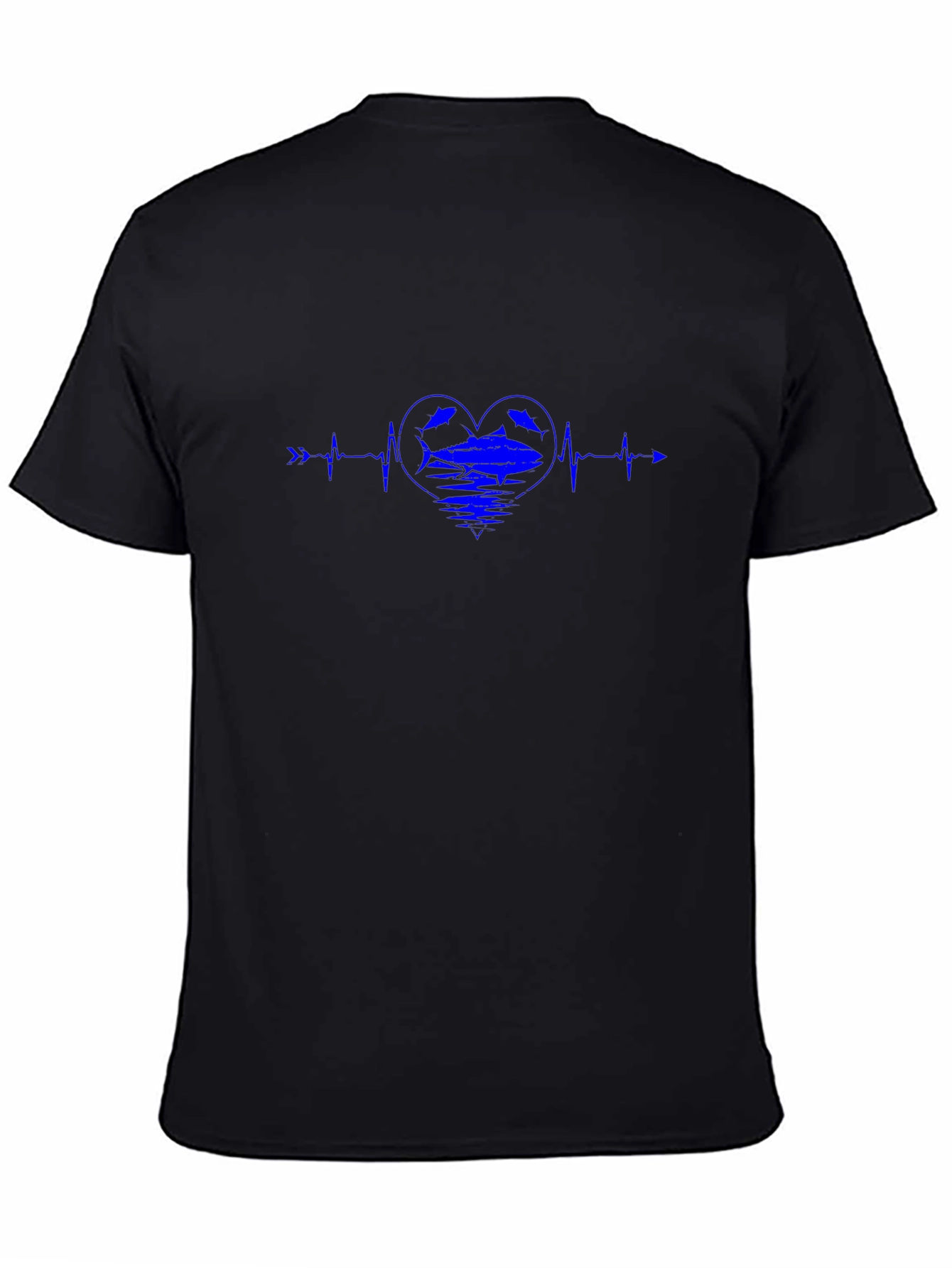 Blue Heartbeat Fish Graphic Black T-Shirt
