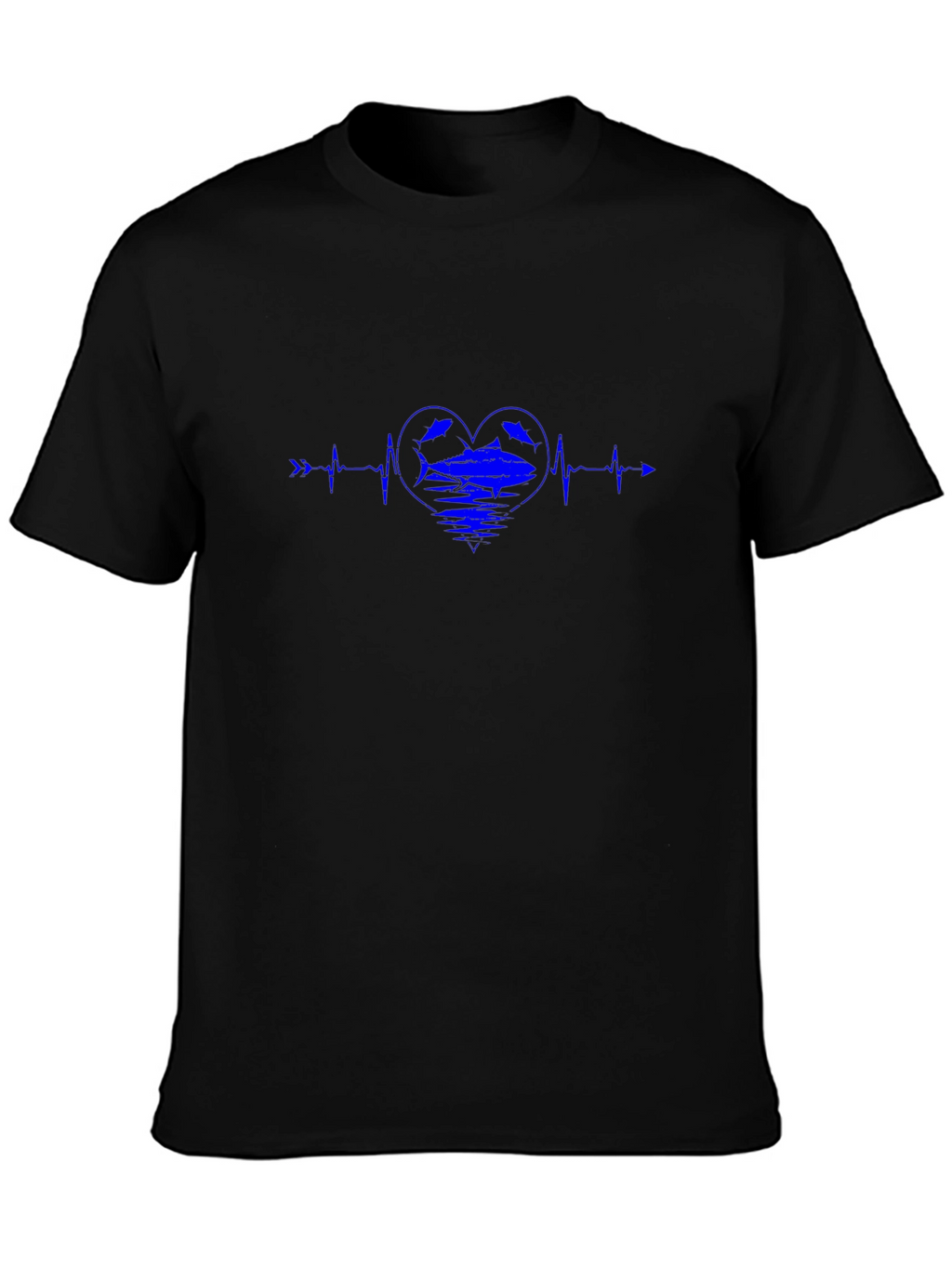 Blue Heartbeat Fish Graphic Black T-Shirt