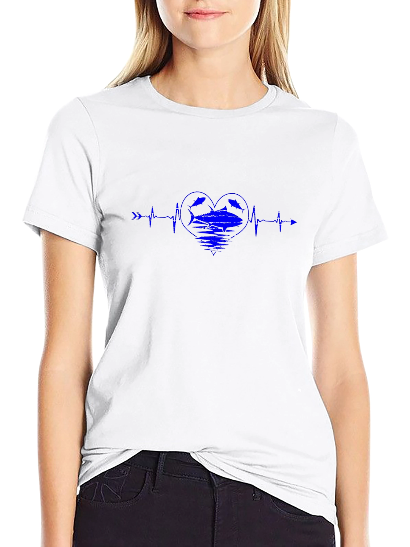 Blue Heartbeat Fish Graphic Black T-Shirt