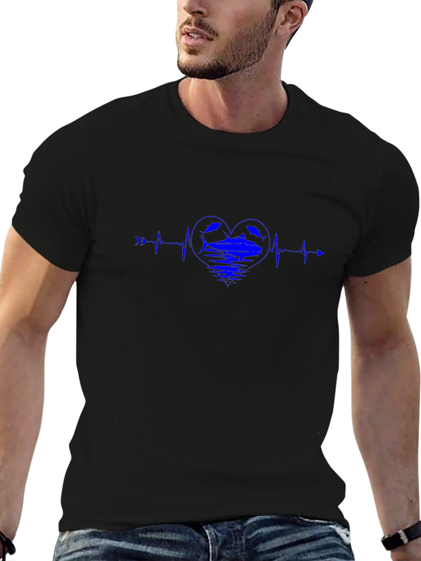 Blue Heartbeat Fish Graphic Black T-Shirt