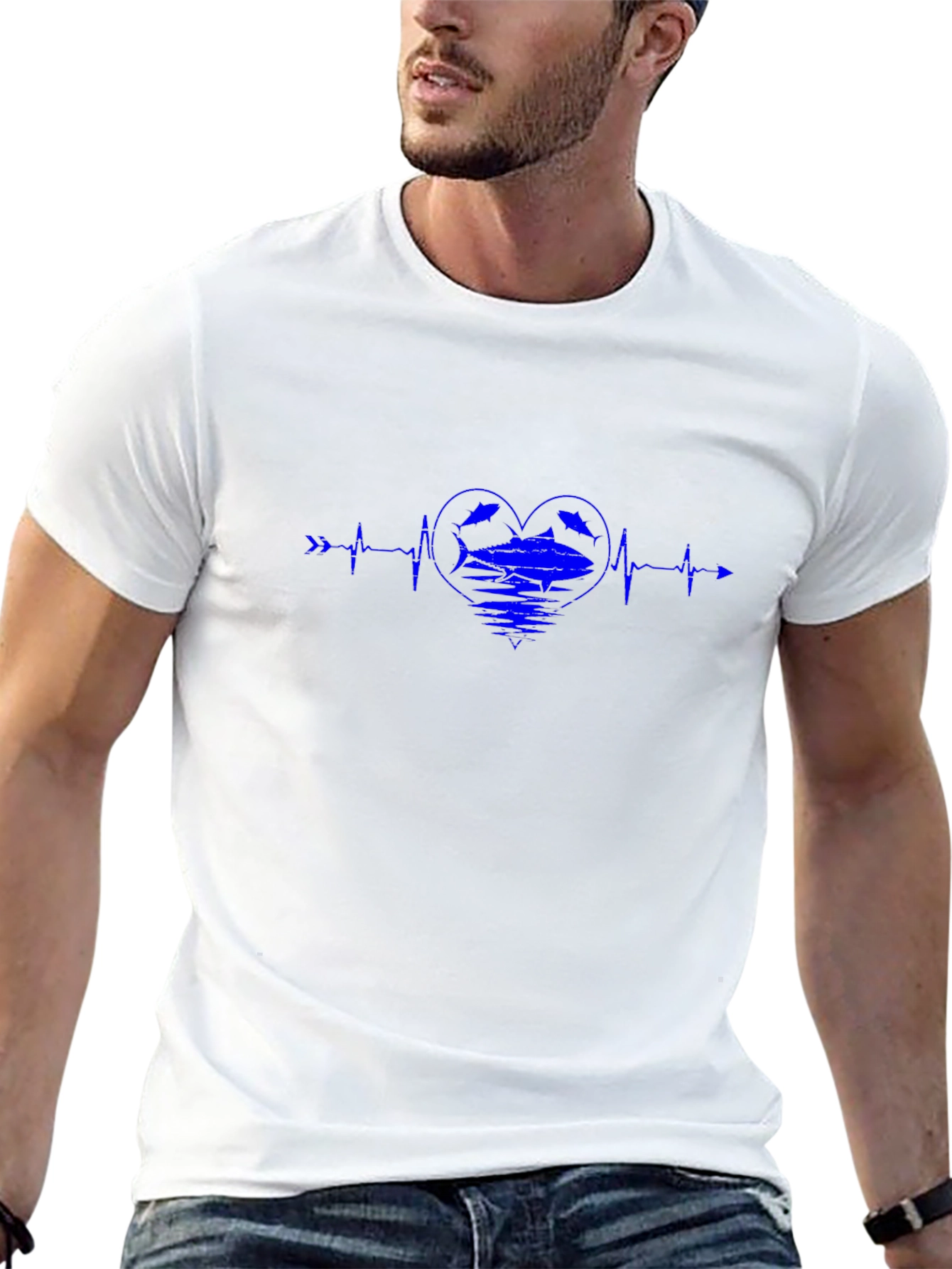 Blue Heartbeat Fish Graphic Black T-Shirt