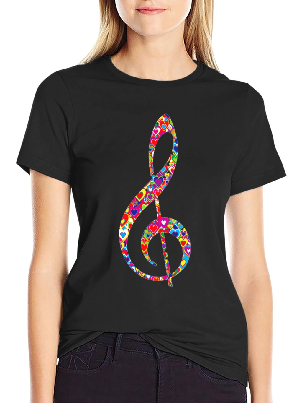 Treble Clef Heart Print Black T-Shirt