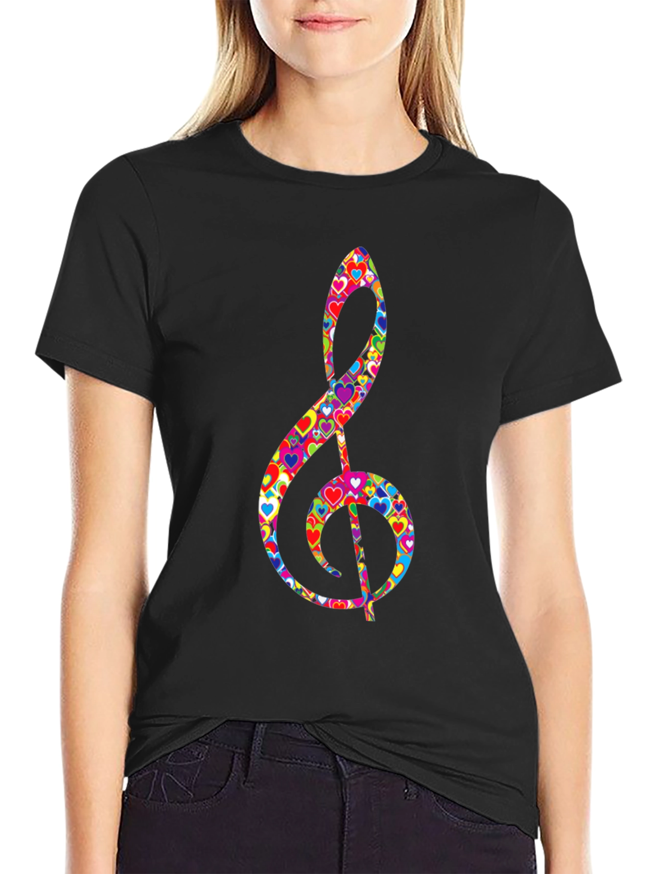 Treble Clef Heart Print Black T-Shirt
