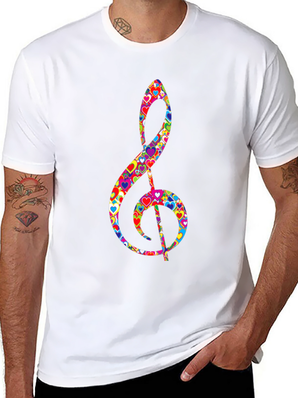 Treble Clef Heart Print Black T-Shirt
