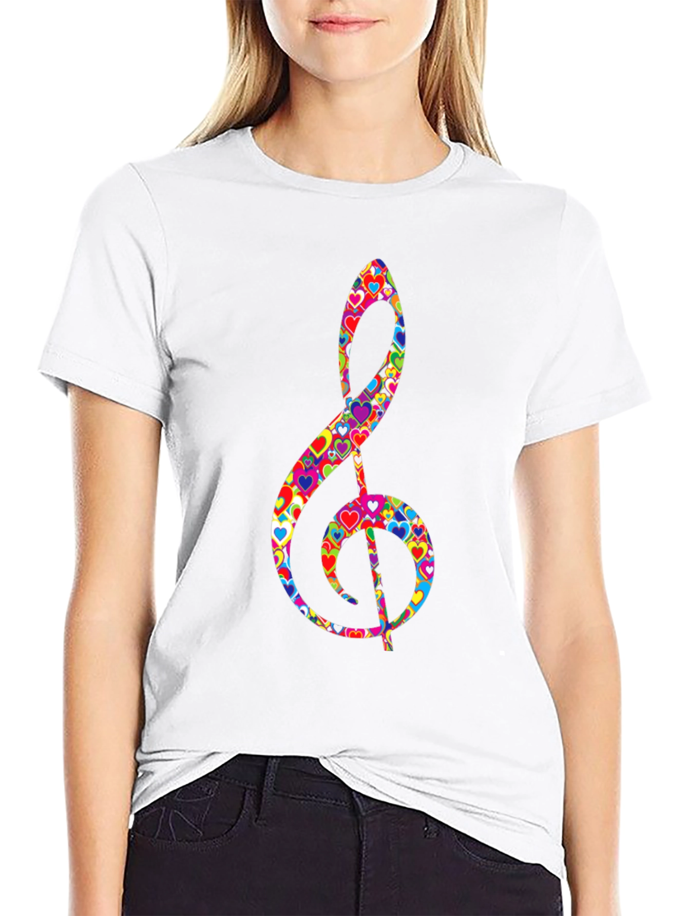 Treble Clef Heart Print Black T-Shirt