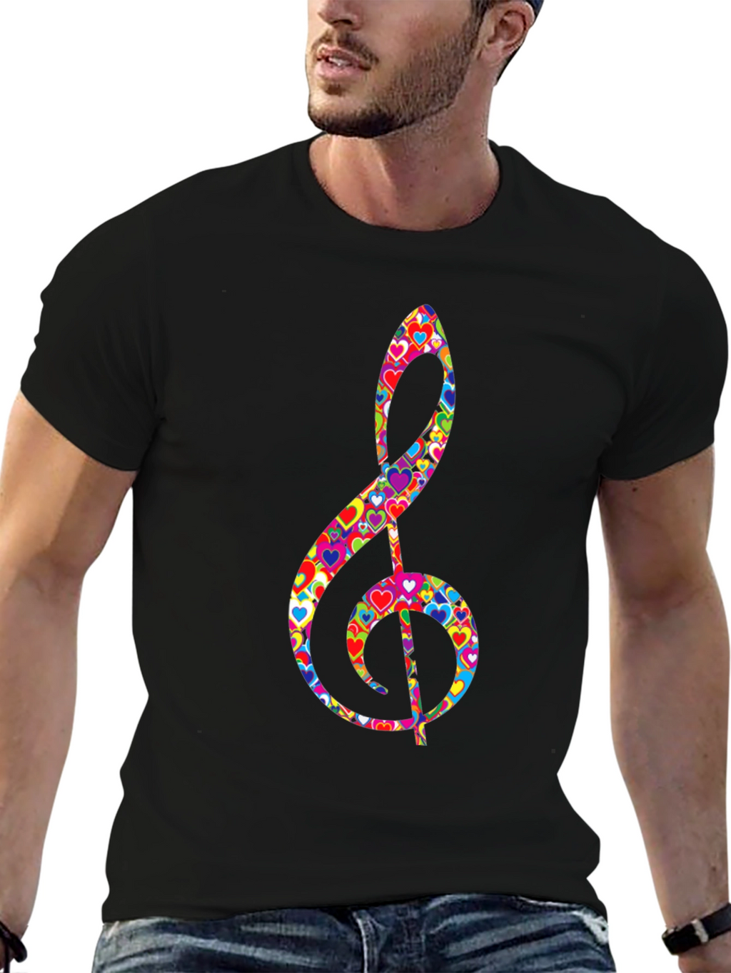 Treble Clef Heart Print Black T-Shirt
