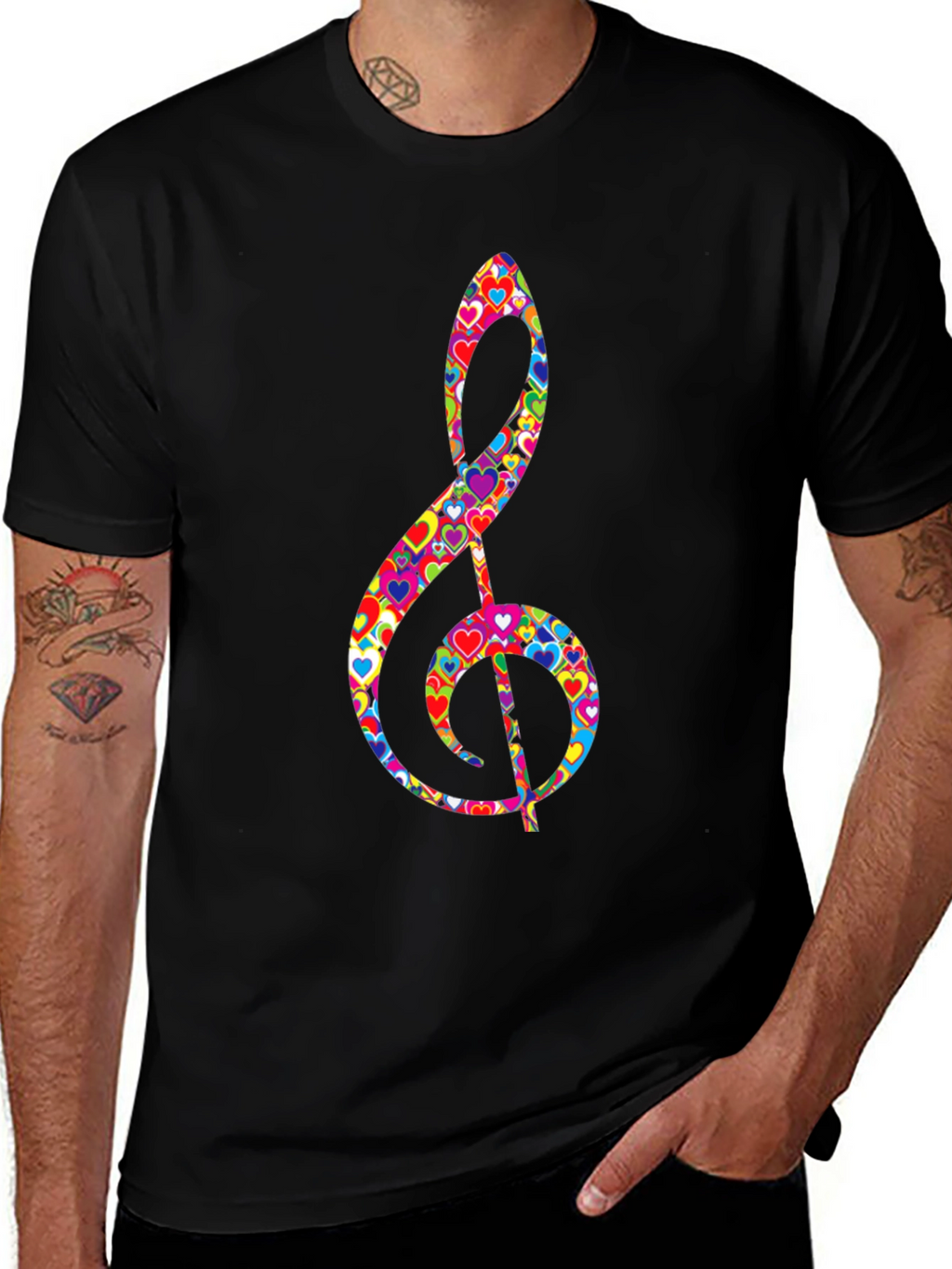 Treble Clef Heart Print Black T-Shirt