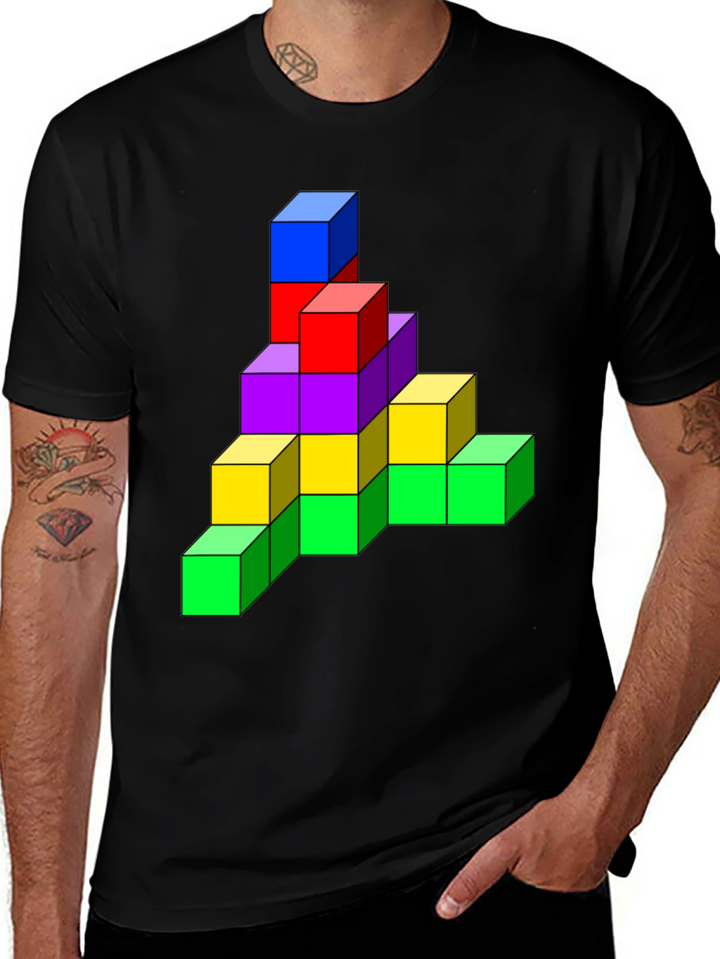 Tetris Cube Graphic Tee - Funky Black T-Shirt