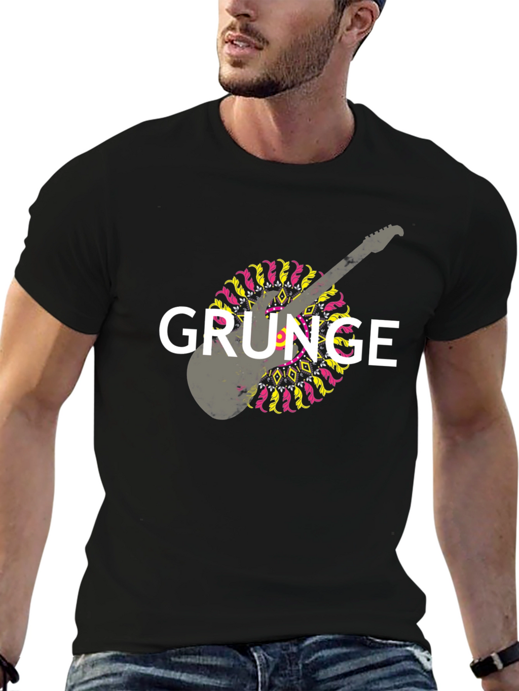 Grunge Guitar Graphic T-Shirt - Black