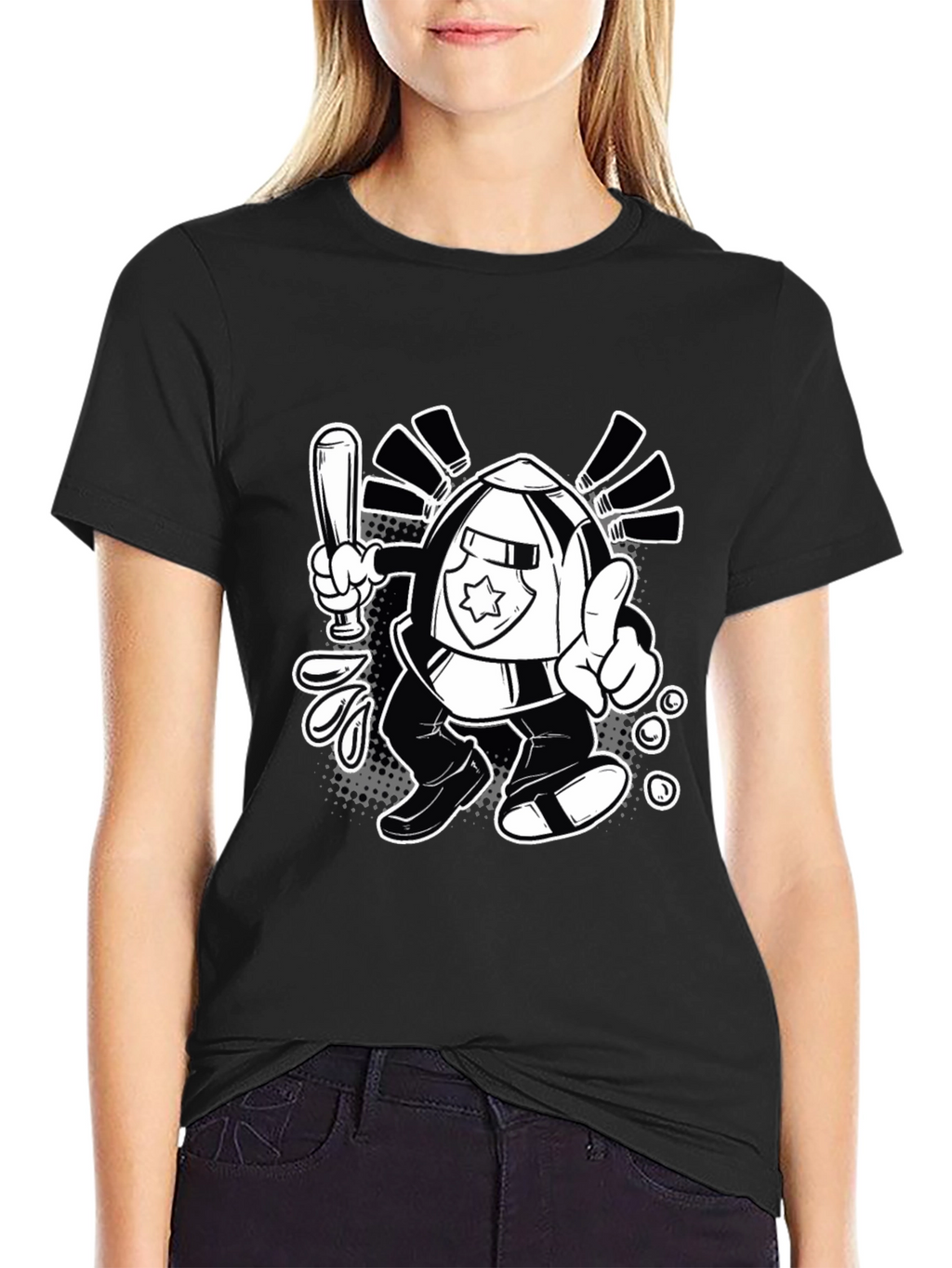 Cartoon Police T-Shirt - Black Cotton Tee
