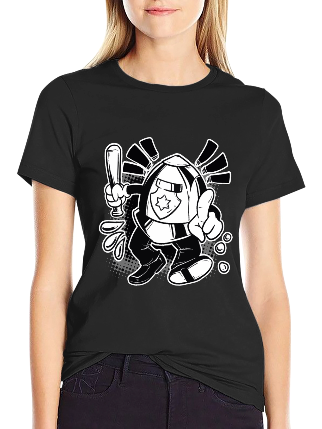 Cartoon Police T-Shirt - Black Cotton Tee