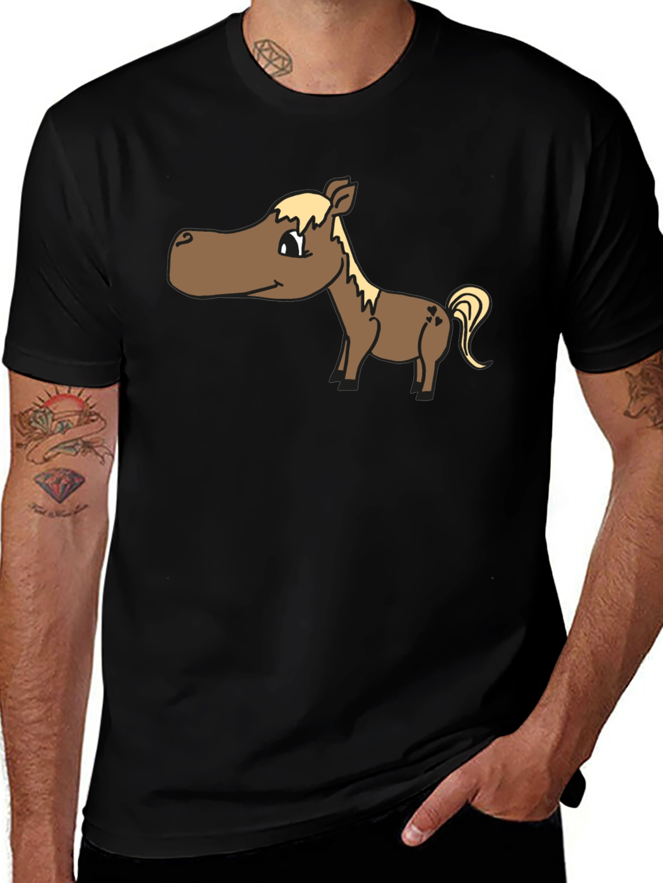 Cartoon Horse T-Shirt - Black Cotton Tee