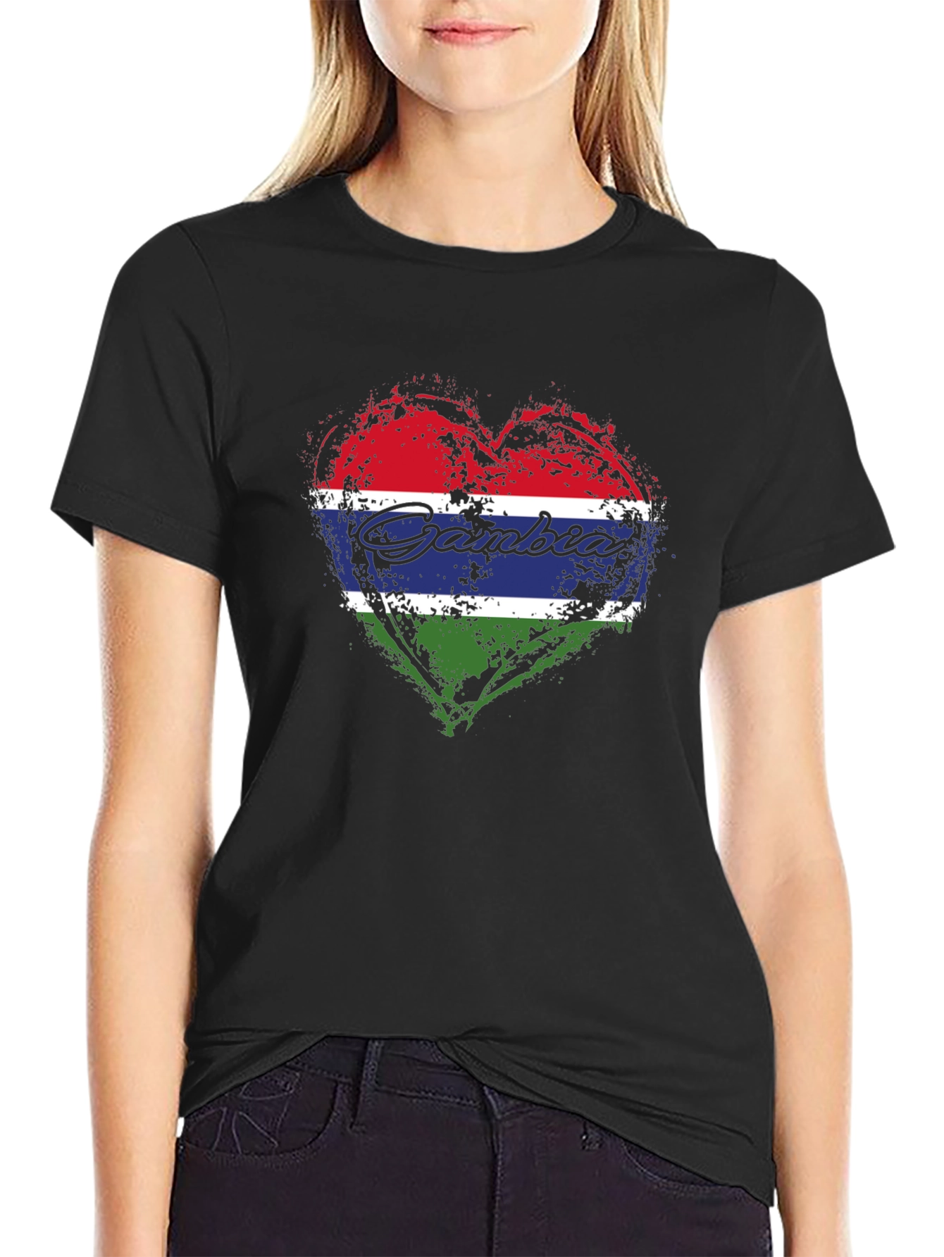 Gambia Flag Heart T-Shirt - Black