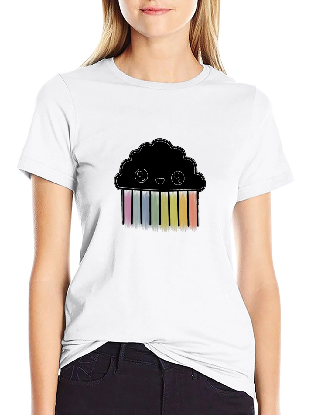Cute Rainbow Cloud Graphic Black T-Shirt