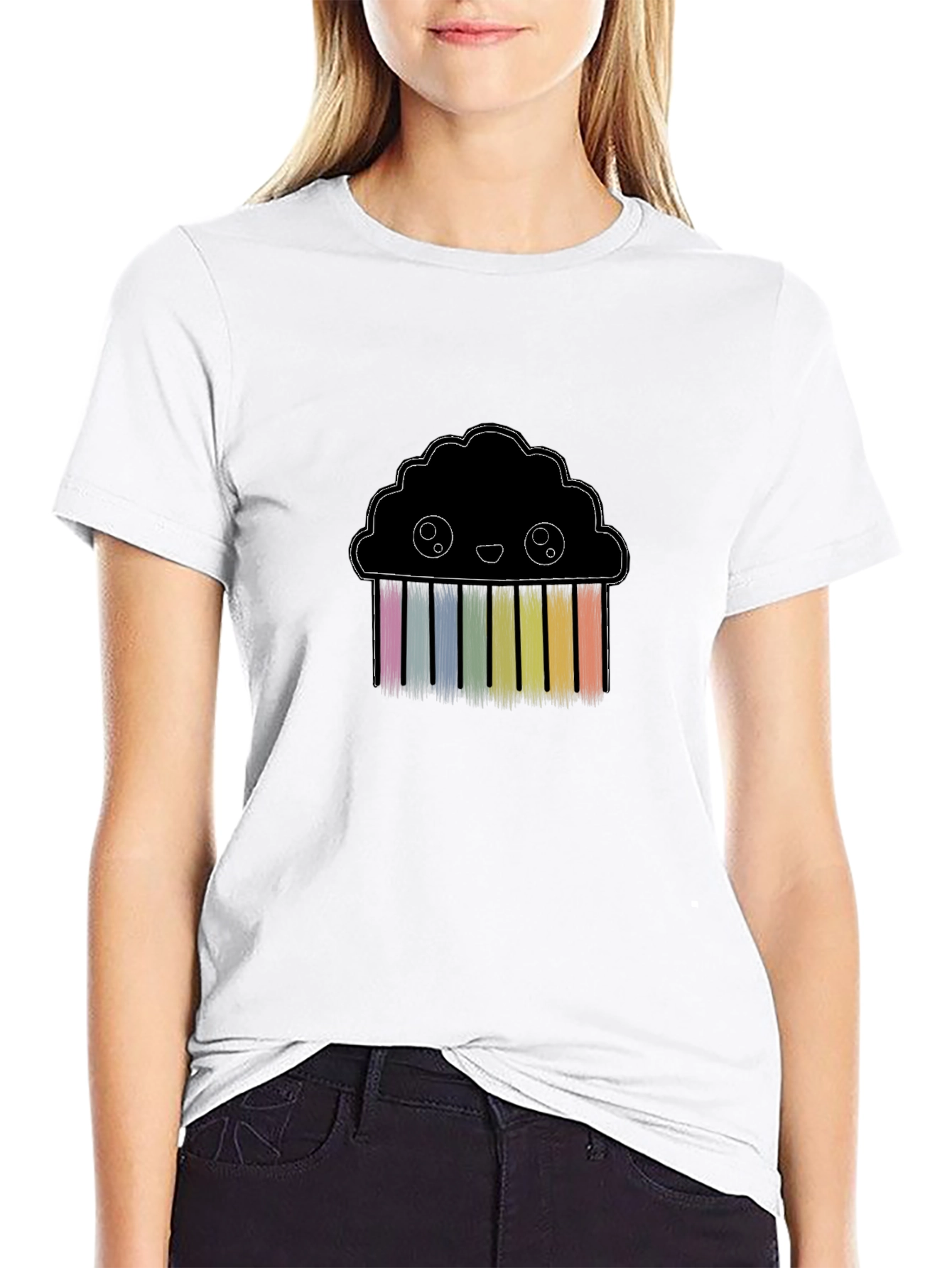 Cute Rainbow Cloud Graphic Black T-Shirt
