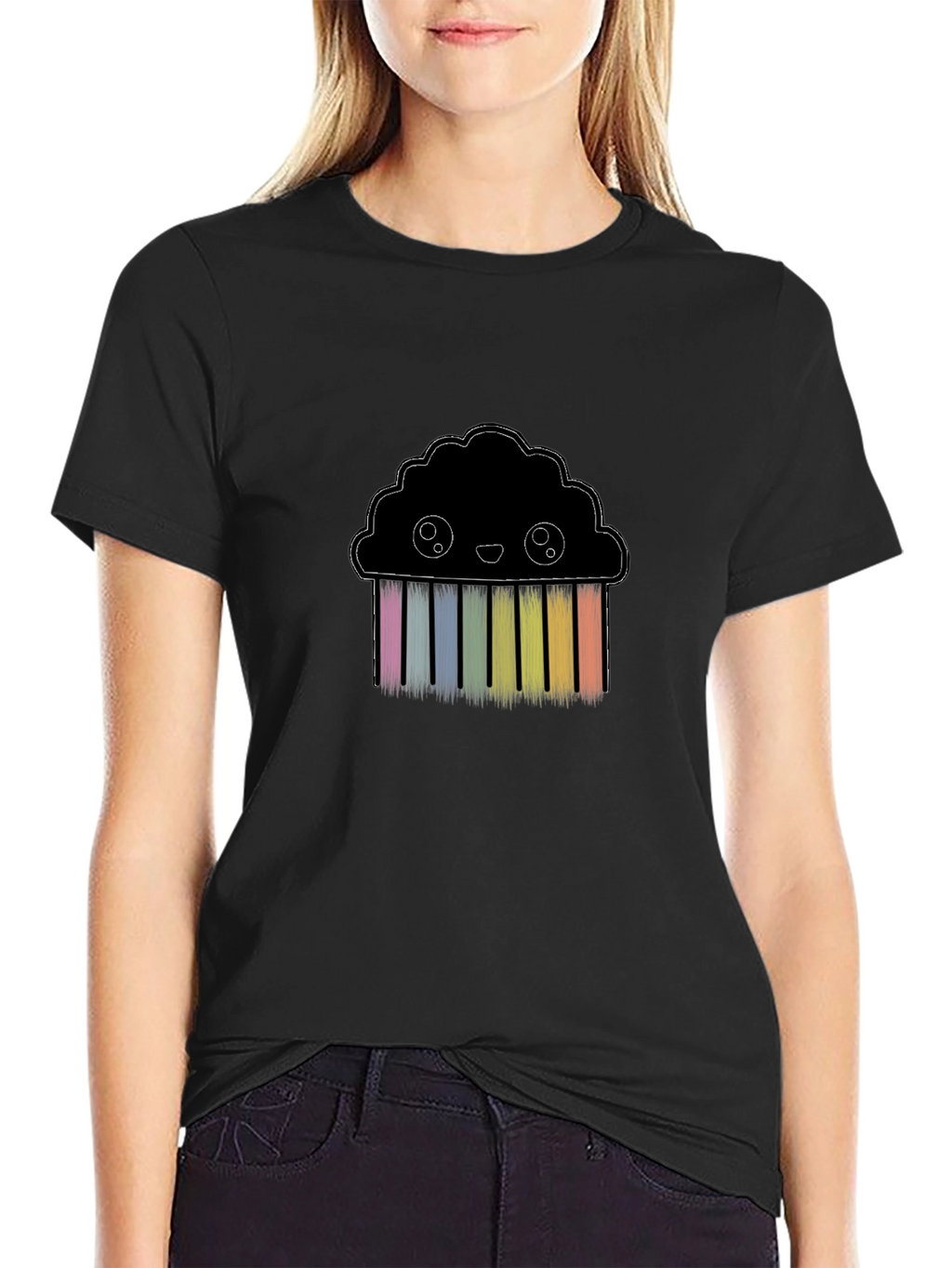Cute Rainbow Cloud Graphic Black T-Shirt